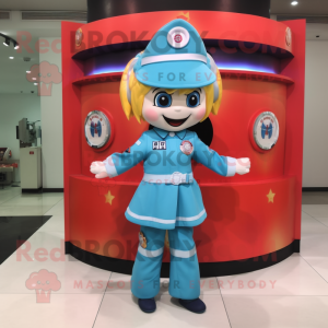 Cyan Fire Fighter mascot costume character dressed with a Circle Skirt and Hair clips