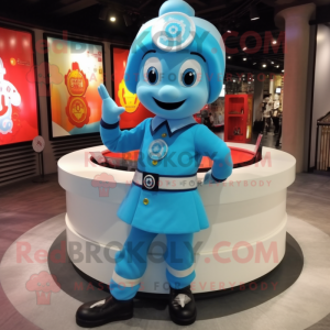 Cyan Fire Fighter mascot costume character dressed with a Circle Skirt and Hair clips