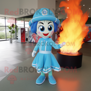 Cyan Fire Fighter mascot costume character dressed with a Circle Skirt and Hair clips