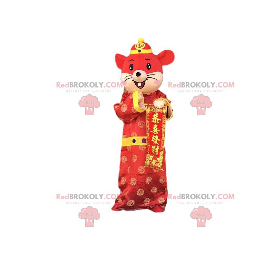 Czerwona i żółta maskotka myszy w azjatyckim stroju -