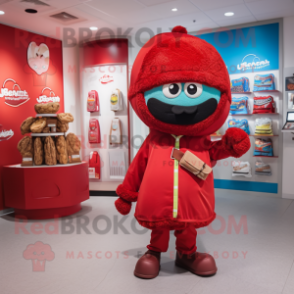 Red Falafel mascot costume character dressed with a Windbreaker and Handbags
