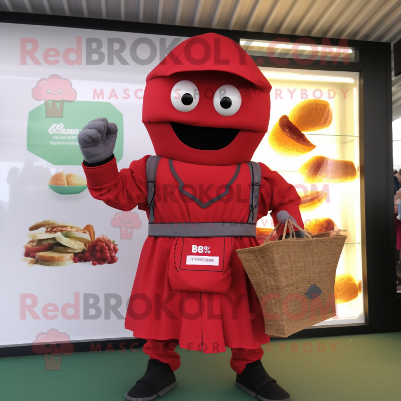Red Falafel mascot costume character dressed with a Windbreaker and Handbags Red Falafel mascot costume character dressed with a Windbreaker and Handbags