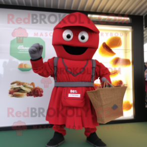 Red Falafel mascot costume character dressed with a Windbreaker and Handbags