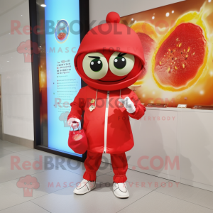 Red Falafel mascot costume character dressed with a Windbreaker and Handbags