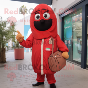 Red Falafel mascot costume character dressed with a Windbreaker and Handbags