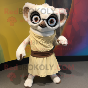 Cream Lemur mascot costume character dressed with a Wrap Skirt and Cummerbunds