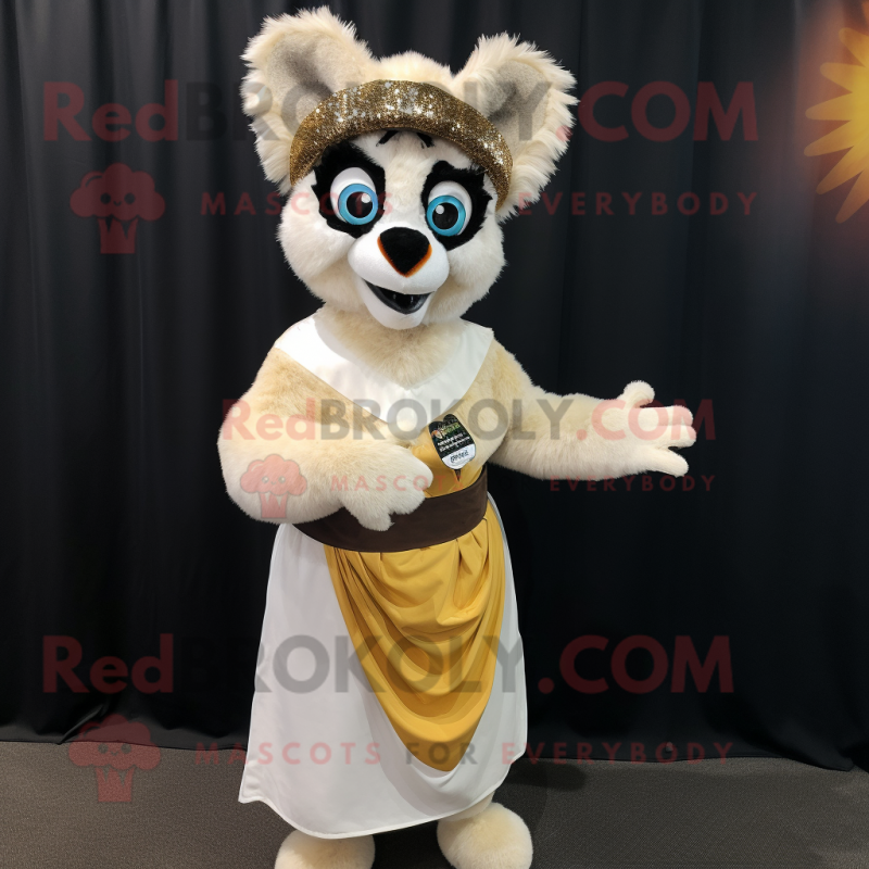 Cream Lemur mascot costume character dressed with a Wrap Skirt and Cummerbunds