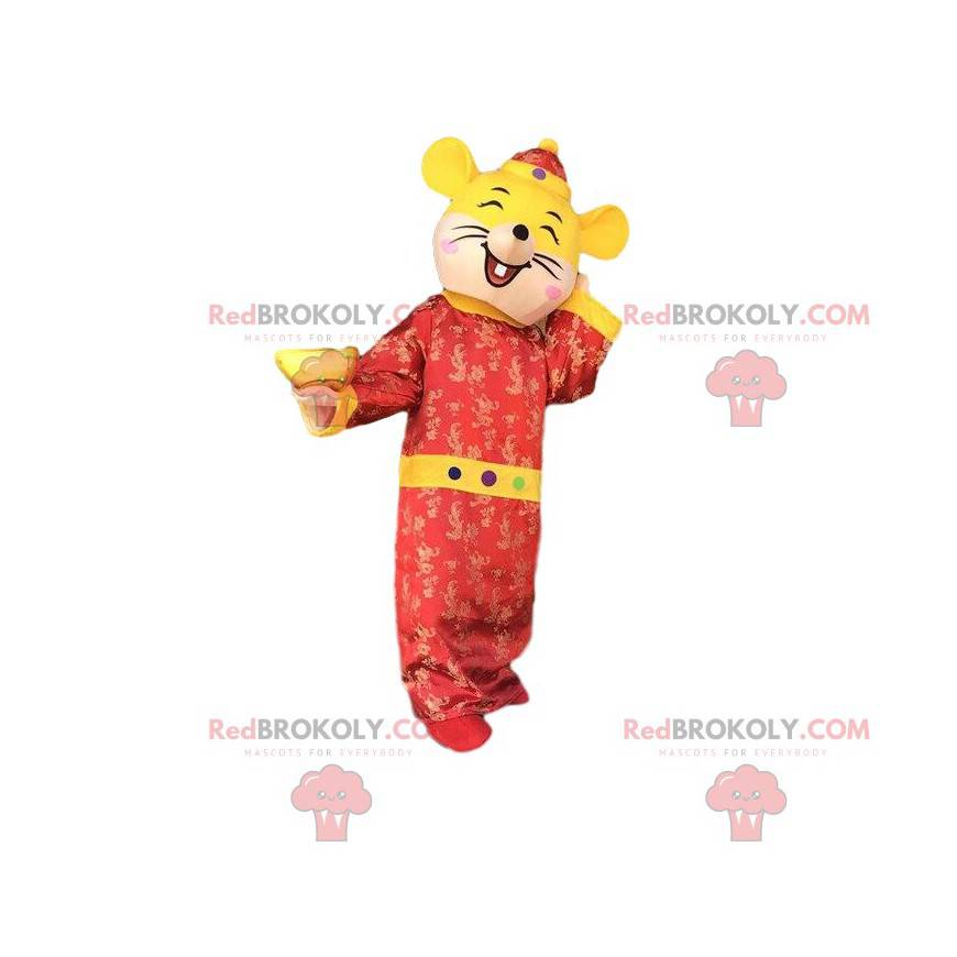 Mascota del ratón amarillo y rojo, traje jovial - Redbrokoly.com