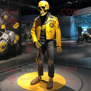 Yellow Skull mascot costume character dressed with a Moto Jacket and Anklets