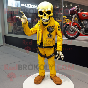 Yellow Skull mascot costume character dressed with a Moto Jacket and Anklets