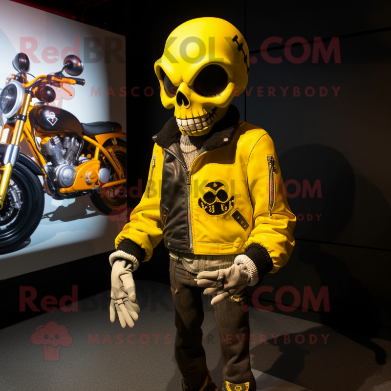 Yellow Skull mascot costume character dressed with a Moto Jacket and Anklets Yellow Skull mascot costume character dressed with a Moto Jacket and Anklets