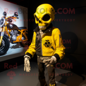 Yellow Skull mascot costume character dressed with a Moto Jacket and Anklets