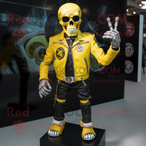 Yellow Skull mascot costume character dressed with a Moto Jacket and Anklets