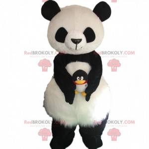 Black and white panda mascot, soft and hairy, bear costume -