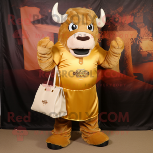 Gold Bison mascot costume character dressed with a Sheath Dress and Tote bags