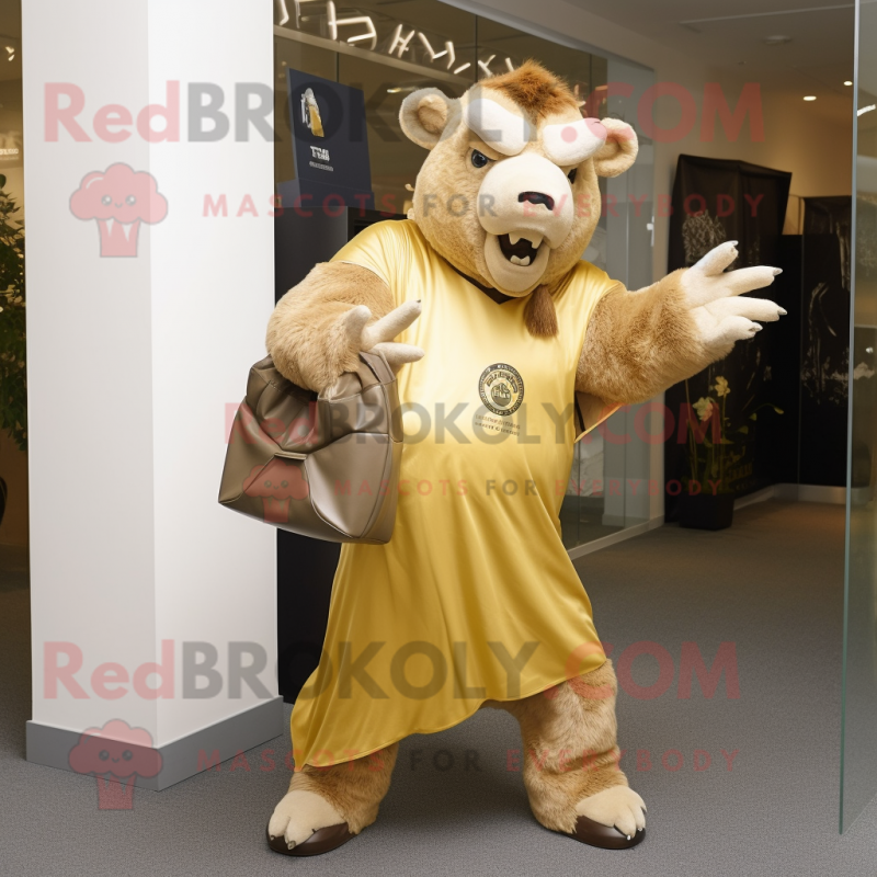 Gold Bison mascot costume character dressed with a Sheath Dress and Tote bags