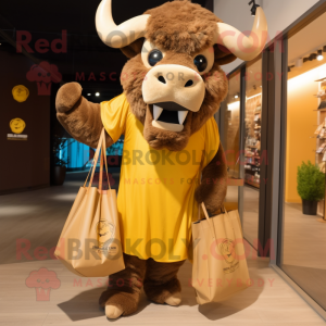 Gold Bison mascot costume character dressed with a Sheath Dress and Tote bags