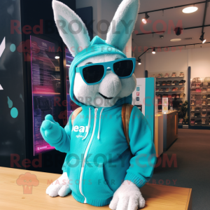 Cyan Wild Rabbit mascot costume character dressed with a Sweatshirt and Sunglasses