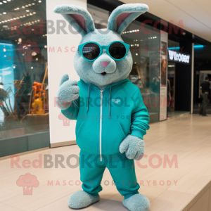 Cyan Wild Rabbit mascot costume character dressed with a Sweatshirt and Sunglasses