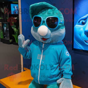 Cyan Wild Rabbit mascot costume character dressed with a Sweatshirt and Sunglasses