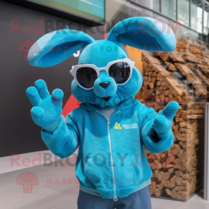 Cyan Wild Rabbit mascot costume character dressed with a Sweatshirt and Sunglasses