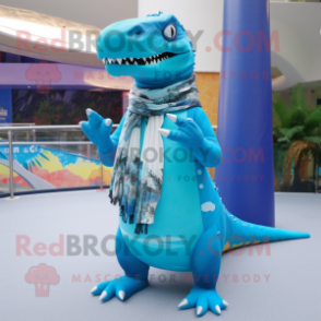 Cyan Allosaurus mascot costume character dressed with a Swimwear and Scarves