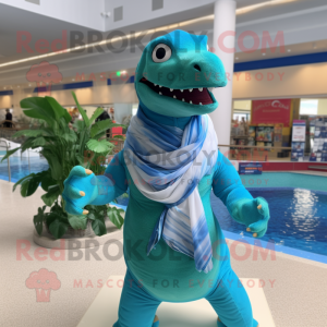 Cyan Allosaurus mascot costume character dressed with a Swimwear and Scarves