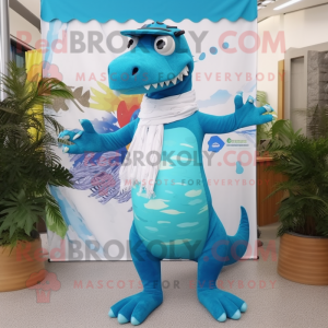 Cyan Allosaurus mascot costume character dressed with a Swimwear and Scarves