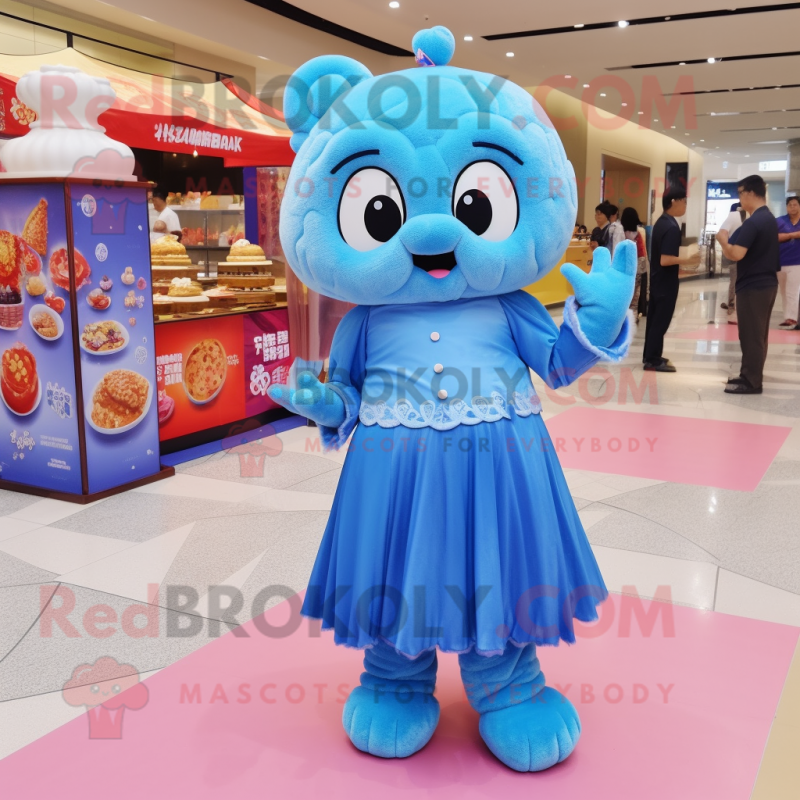 Blue Dim Sum mascot costume character dressed with a Mini Dress and Anklets