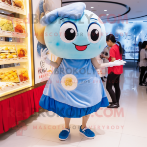 Blue Dim Sum mascot costume character dressed with a Mini Dress and Anklets