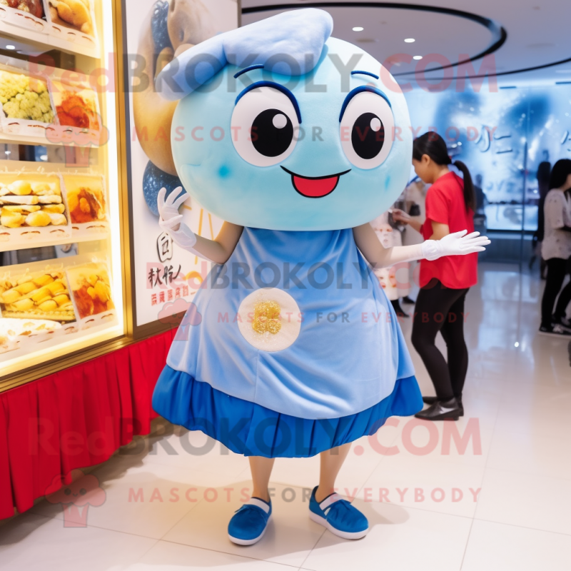 Blue Dim Sum mascot costume character dressed with a Mini Dress and Anklets Blue Dim Sum mascot costume character dressed with a Mini Dress and Anklets