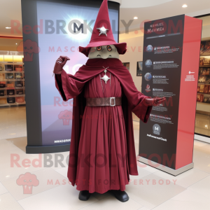 Maroon Magician mascot costume character dressed with a Empire Waist Dress and Belts