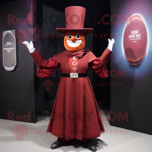 Maroon Magician mascot costume character dressed with a Empire Waist Dress and Belts