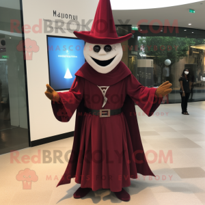 Maroon Magician mascot costume character dressed with a Empire Waist Dress and Belts