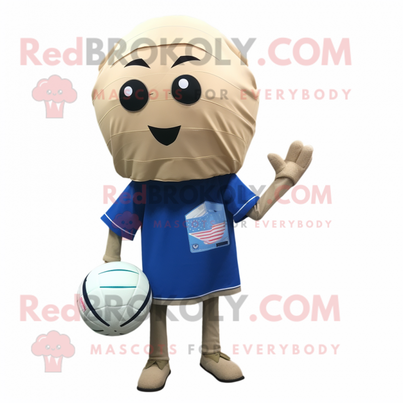 Beige Volleyball Ball mascot costume character dressed with a Denim Shorts and Scarf clips