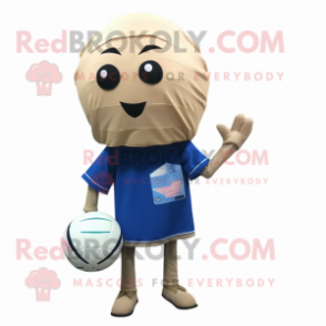 Beige Volleyball Ball mascot costume character dressed with a Denim Shorts and Scarf clips