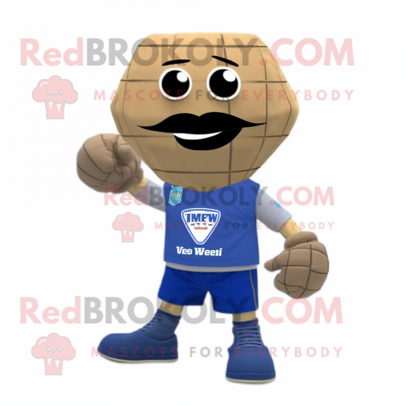 Beige Volleyball Ball mascot costume character dressed with a Denim Shorts and Scarf clips
