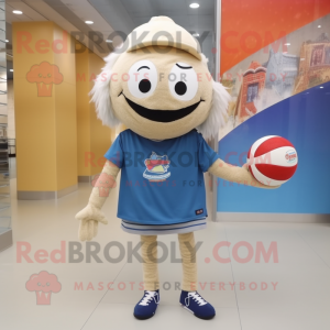 Beige Volleyball Ball mascot costume character dressed with a Denim Shorts and Scarf clips
