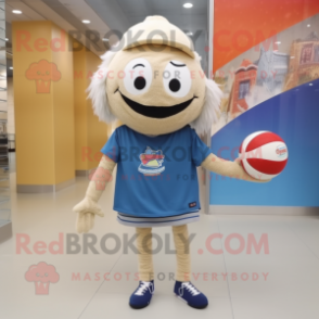 Beige Volleyball Ball mascot costume character dressed with a Denim Shorts and Scarf clips