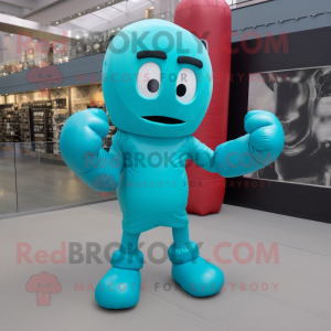 Turquoise Boxing Glove mascot costume character dressed with a Jumpsuit and Wraps