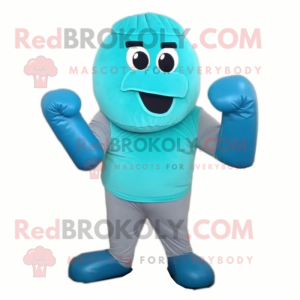 Turquoise Boxing Glove mascot costume character dressed with a Jumpsuit and Wraps