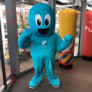 Turquoise Boxing Glove mascot costume character dressed with a Jumpsuit and Wraps