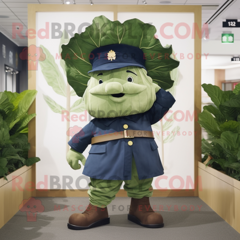 Navy Cabbage Leaf mascot costume character dressed with a Chinos and Berets Navy Cabbage Leaf mascot costume character dressed with a Chinos and Berets