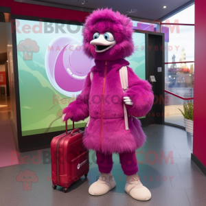 Magenta Emu mascot costume character dressed with a Parka and Handbags