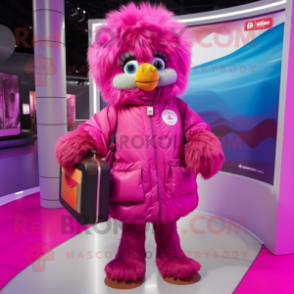 Magenta Emu mascot costume character dressed with a Parka and Handbags