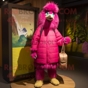 Magenta Emu mascot costume character dressed with a Parka and Handbags