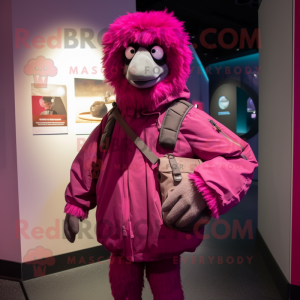 Magenta Emu mascot costume character dressed with a Parka and Handbags