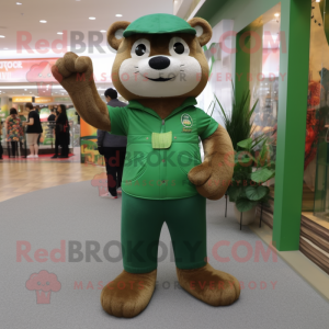 Forest Green Otter mascot costume character dressed with a Jeans and Gloves