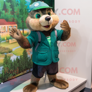 Forest Green Otter mascot costume character dressed with a Jeans and Gloves