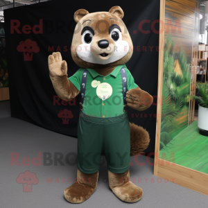 Forest Green Otter mascot costume character dressed with a Jeans and Gloves